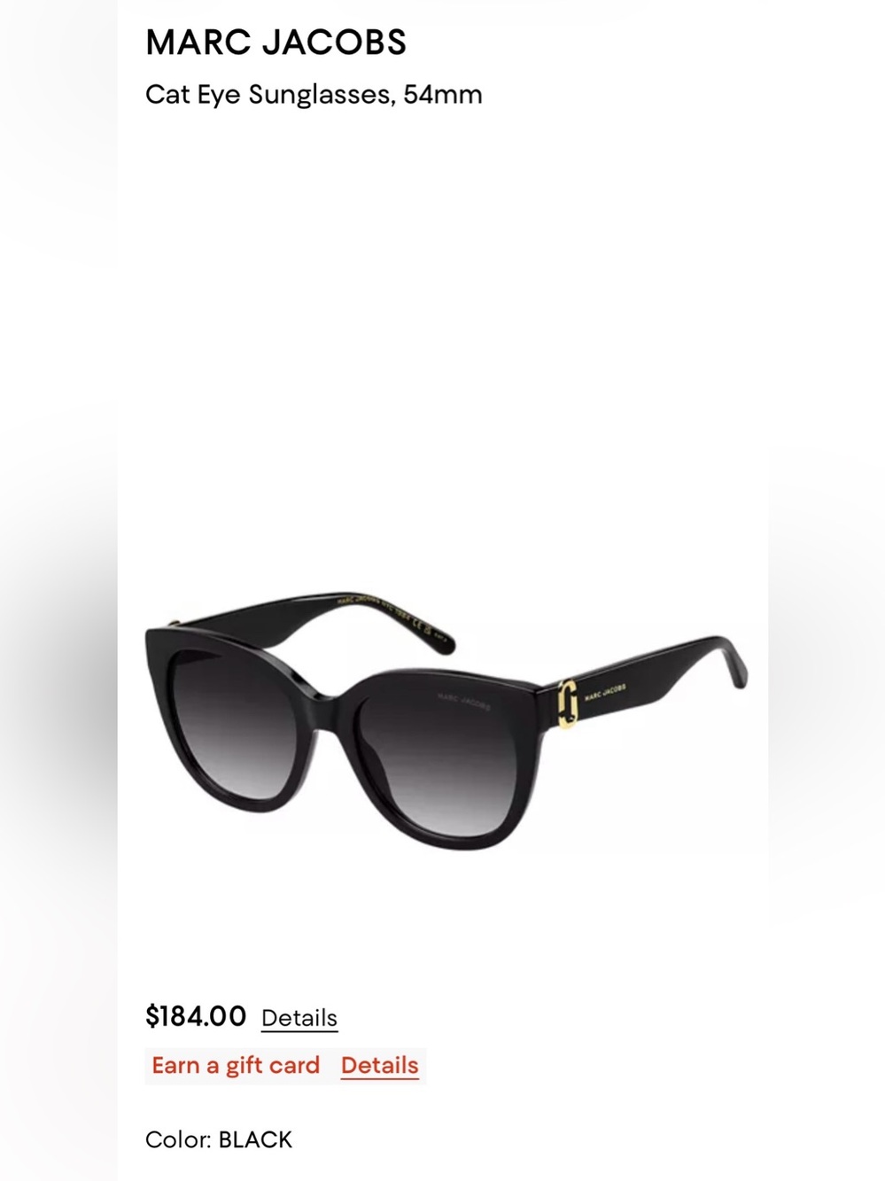 Marc Jacobs 54mm Cat Eye Sunglasses Black Like New
